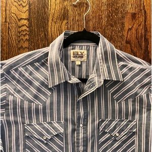 Ely Cattleman Pearl Snap Western Shirt Reverse WeaveBlue Stripe 16/35 Mens Long